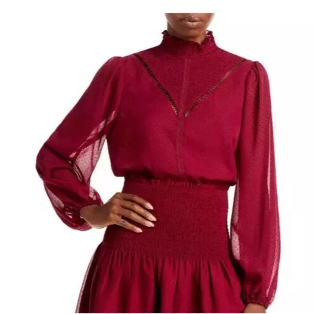 NWT Aqua Womens Prairie Smocked‎ Mock Neck Puff Long Sleeve Blouse Burgundy XS